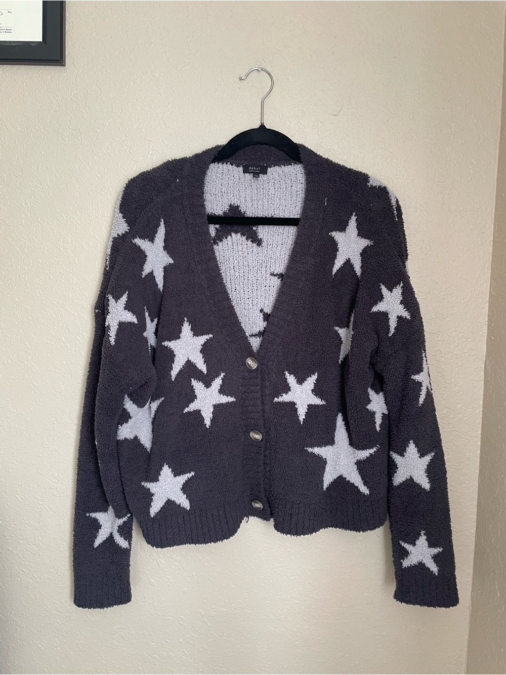 Debut Chenille Knit Star Print V Neckline Button Cardigan Size S/M Gray